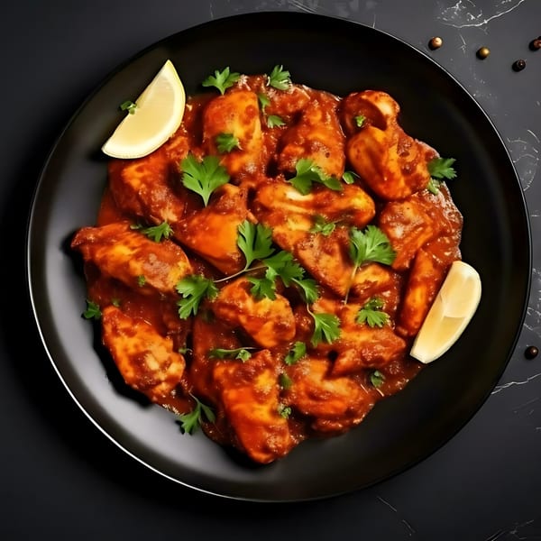 Indian chicken curry with cilantro and lemon wedges on a black plate.