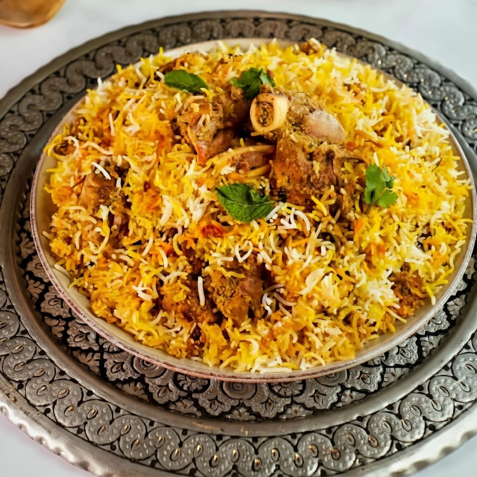A large plate of vibrant yellow and white biryani with meat and fresh mint on a decorative silver platter.