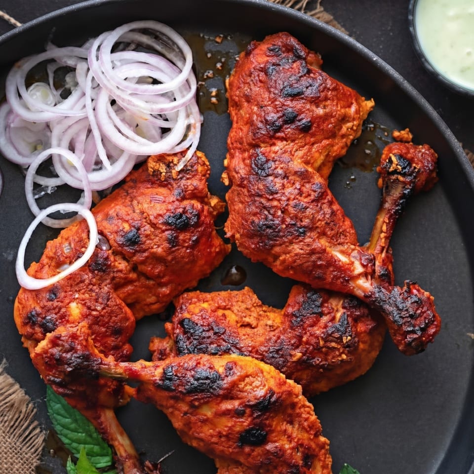 Spicy tandoori chicken legs and thighs with charred skin, served with sliced red onions and mint.