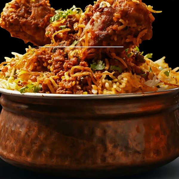 Chicken Biryani from Red Chillez Indian Cuisine, served in a traditional copper pot.
