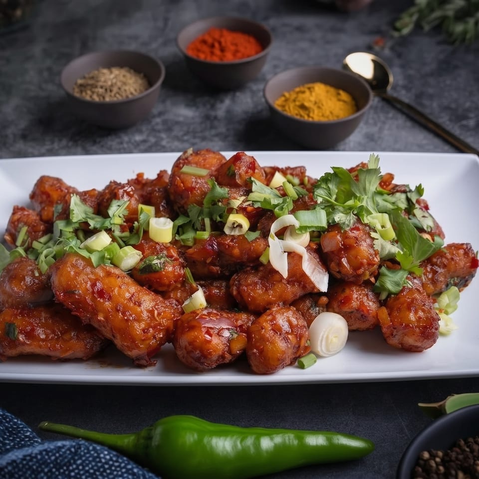 Spicy orange chicken with green onions and cilantro on a white plate, with spices in bowls.