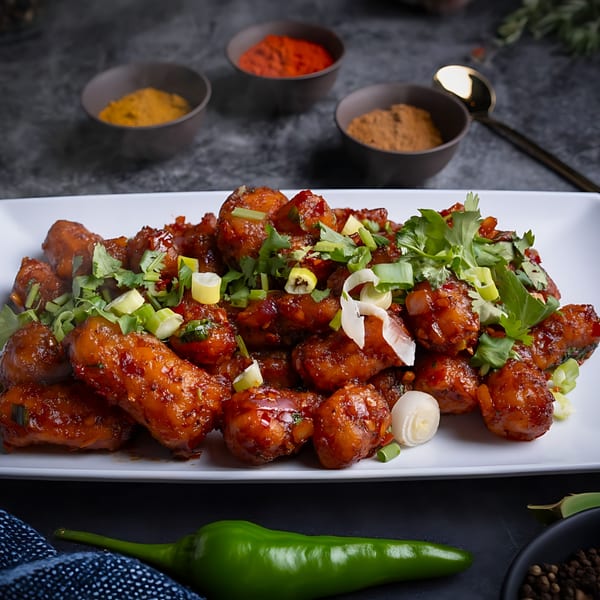 Indian chili chicken, garnished with cilantro and green onions, with spice bowls in the background.
