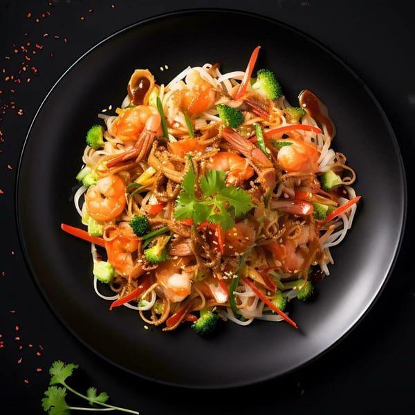 Shrimp and vegetable noodles with broccoli, peppers, and cilantro on a black plate.