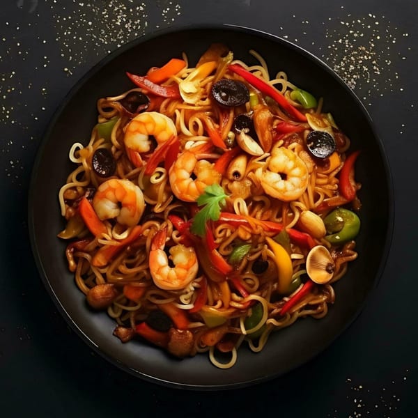 Shrimp noodles with colorful vegetables and mushrooms in a black bowl, from Red Chillez Indian Cuisine.