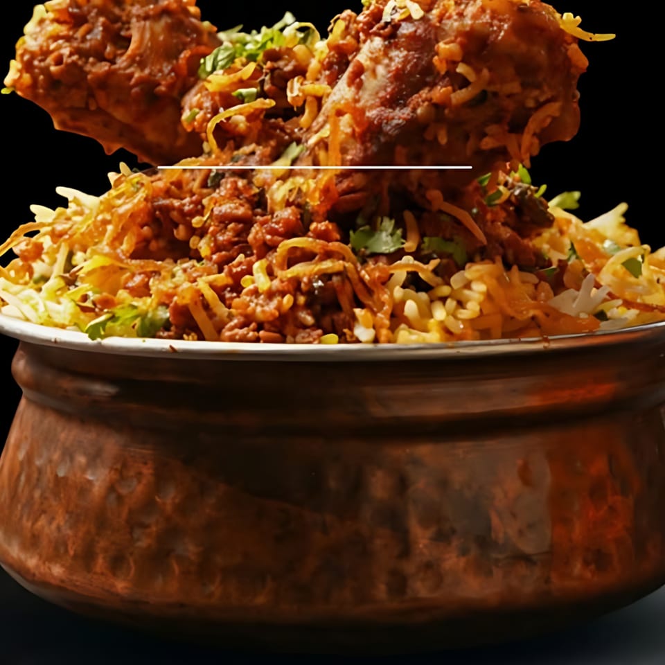 A copper pot filled with Red Chillez Indian Cuisine's chicken biryani, garnished with herbs and fried onions.