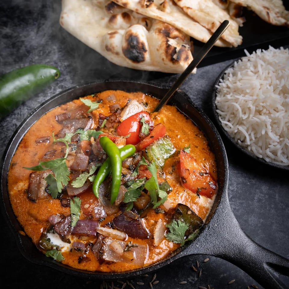 Steaming Indian curry with vegetables, green chilies, and cilantro in a cast iron pan, with rice and naan.