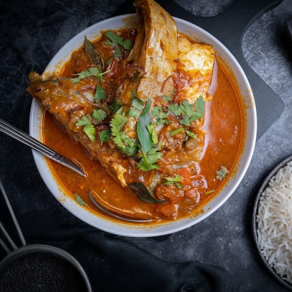 Indian fish curry in a white bowl, garnished with fresh cilantro, served with white rice.