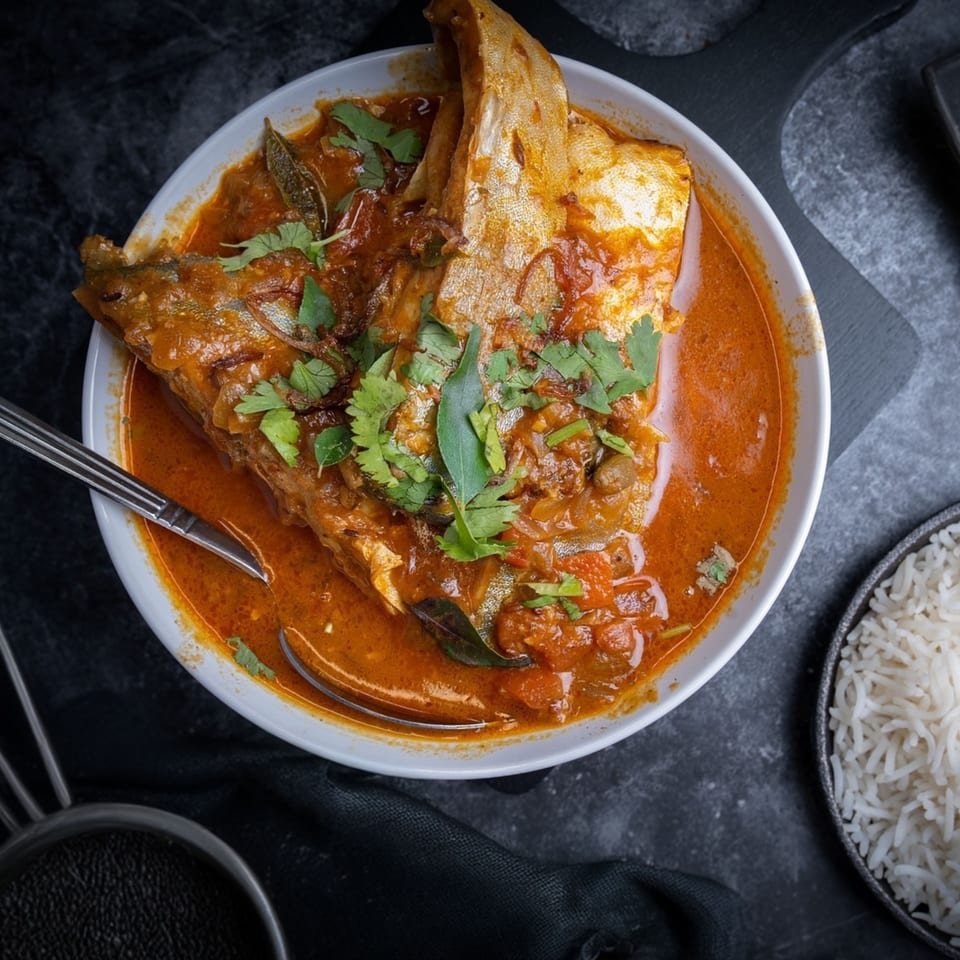 Indian fish curry with whole fish, rich orange sauce, fresh herbs, and a side of rice.